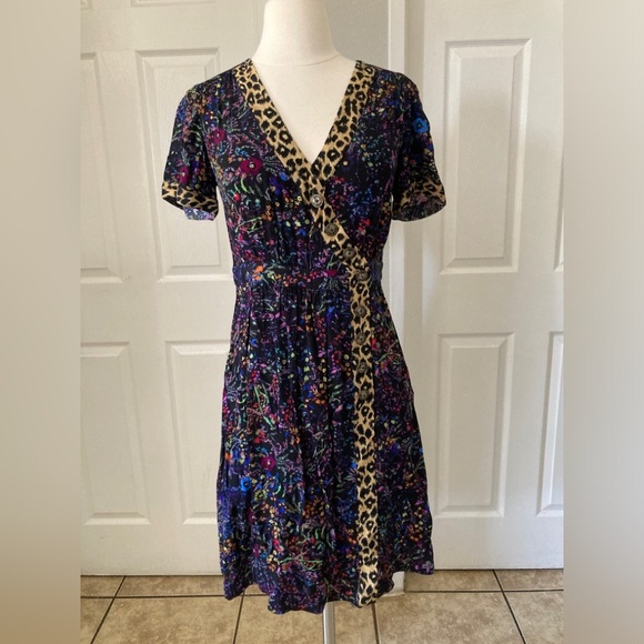 Anthropologie Maeve Morgan Black Floral Leopard Print Button Dress Size 4 - Picture 4 of 10
